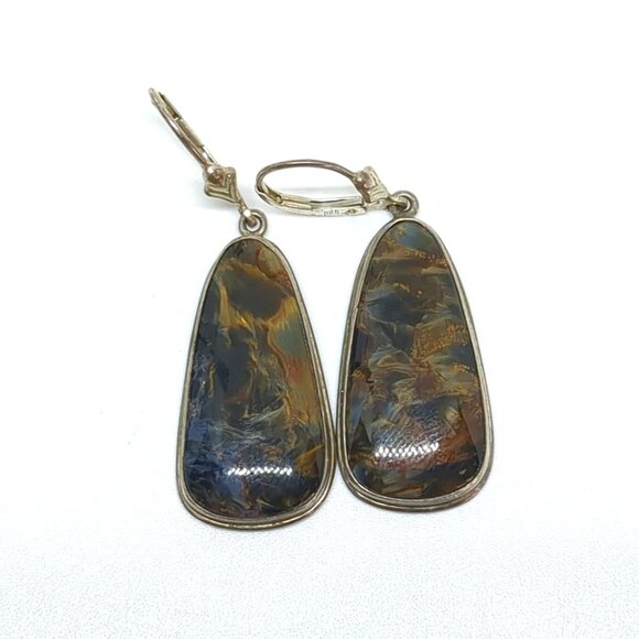 Vintage Solid Sterling Silver 925 Genuine Pietersite Dangle Pierced Earrings - Picture 1 of 7